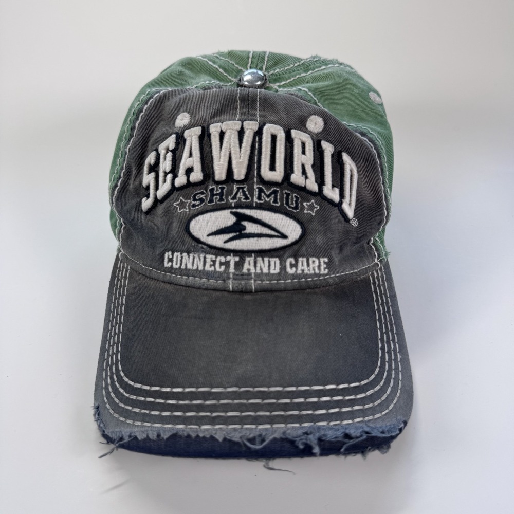 SeaWorld Shamu Connect and Care Distressed Strapback Hat Green Gray Theme Park